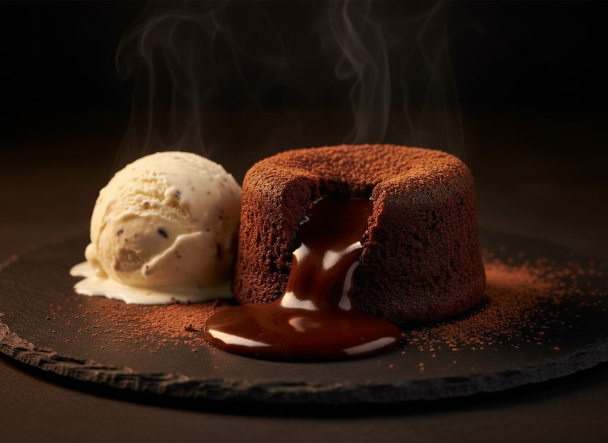 Warm chocolate dessert with ice cream