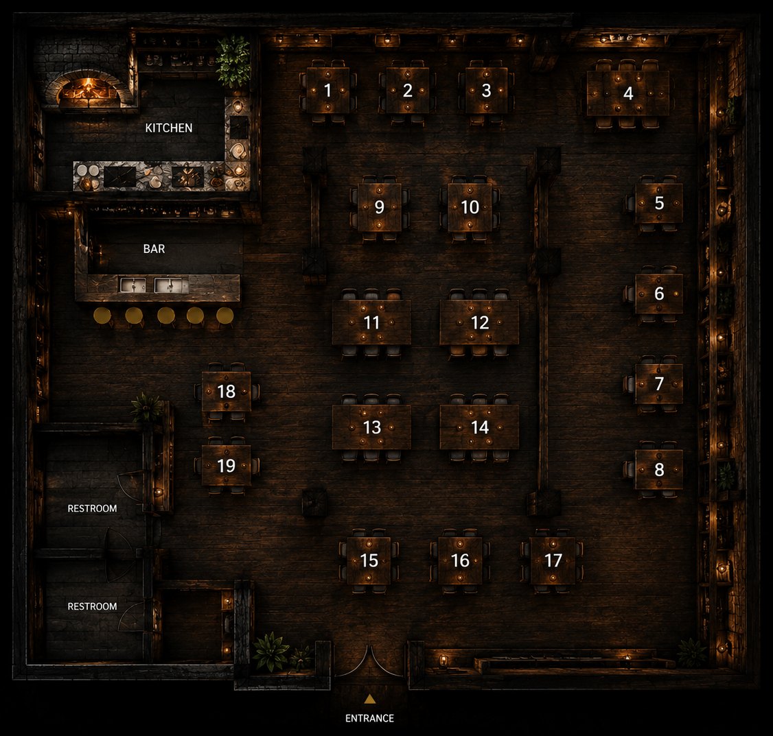 Top-down map of the Oven and Fire dining room with numbered tables