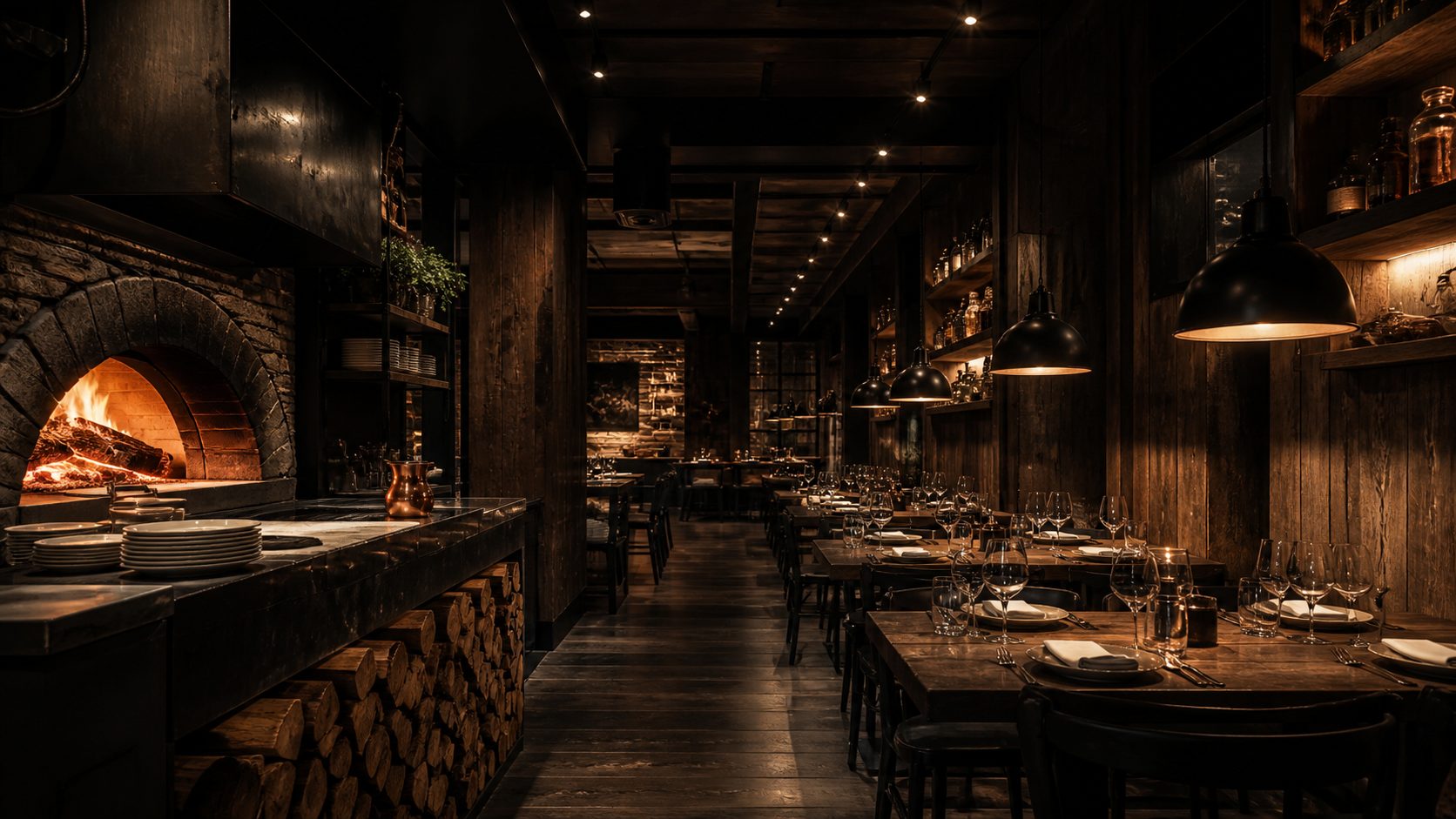 Warm, dark wood interior of Oven and Fire restaurant