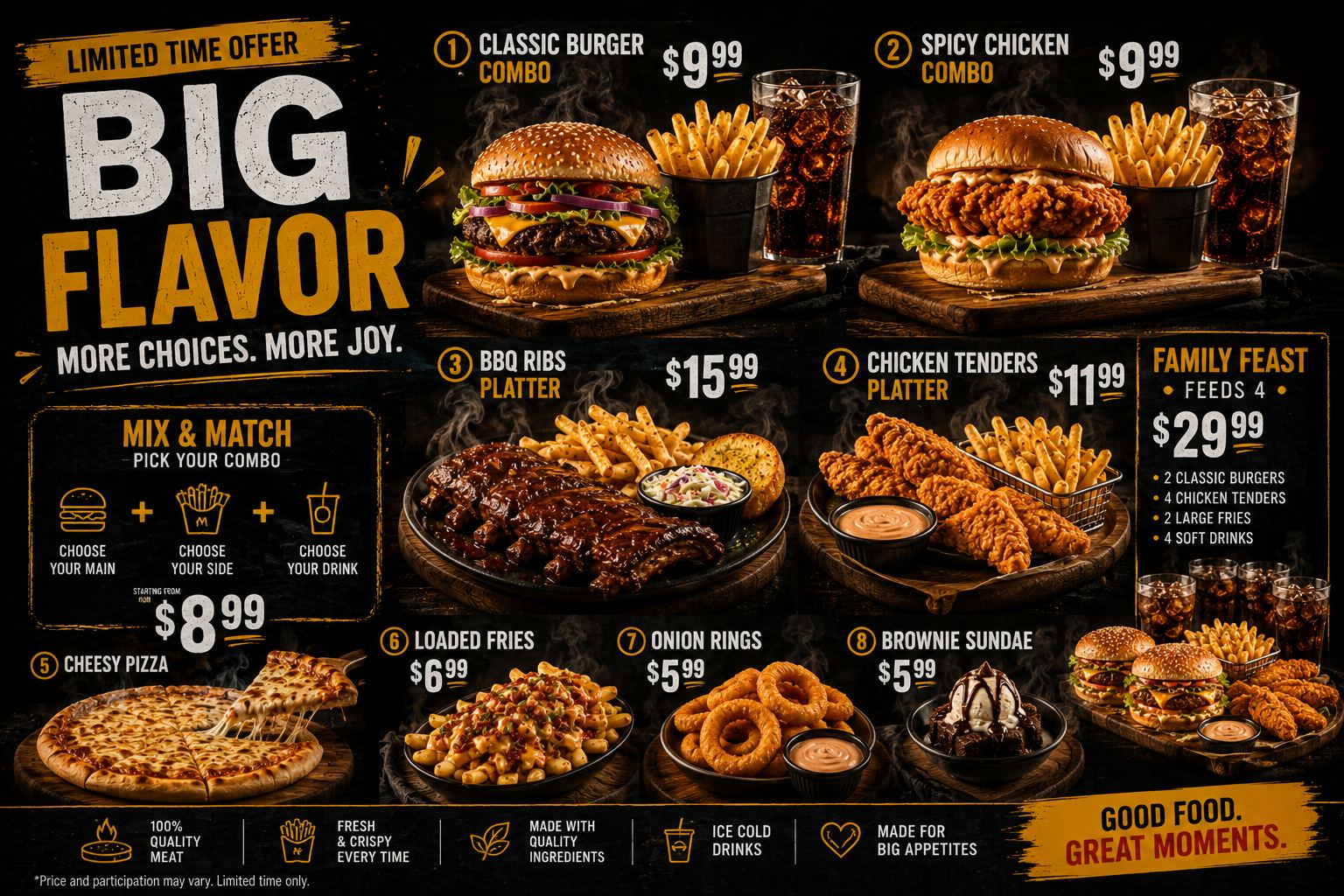 Full digital menu board with combos and platters