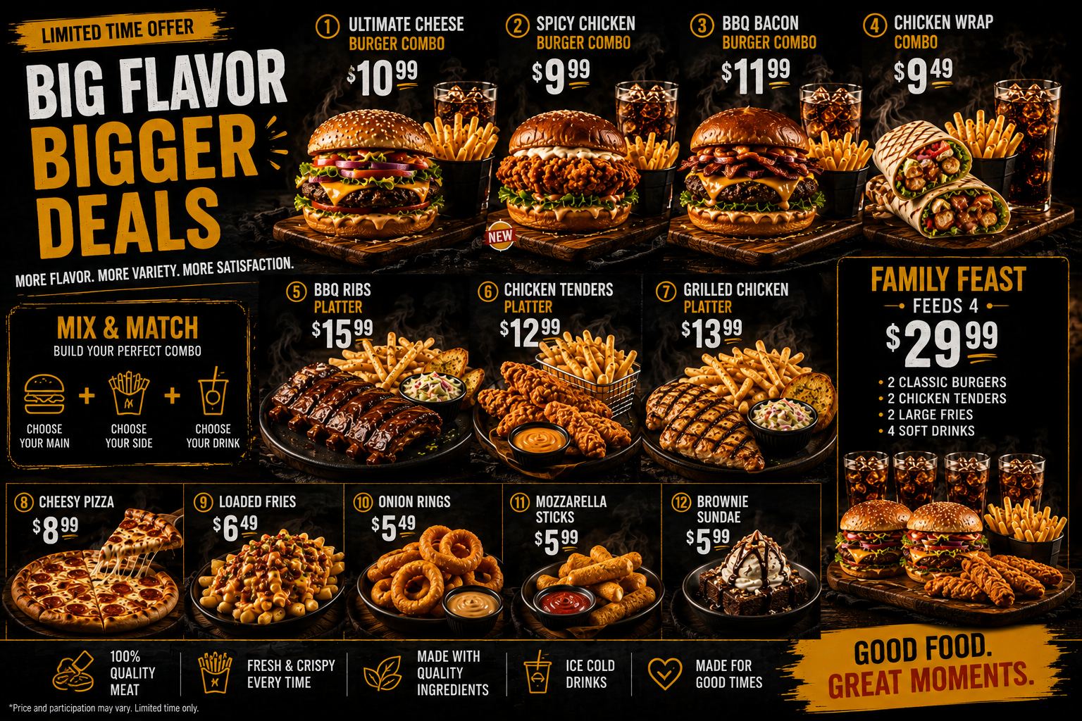 Digital menu board with twelve dishes and family feast
