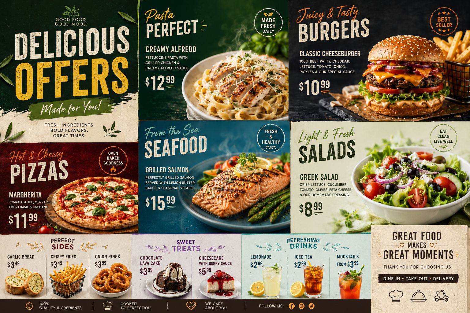 Light-style digital menu board with offers and categories