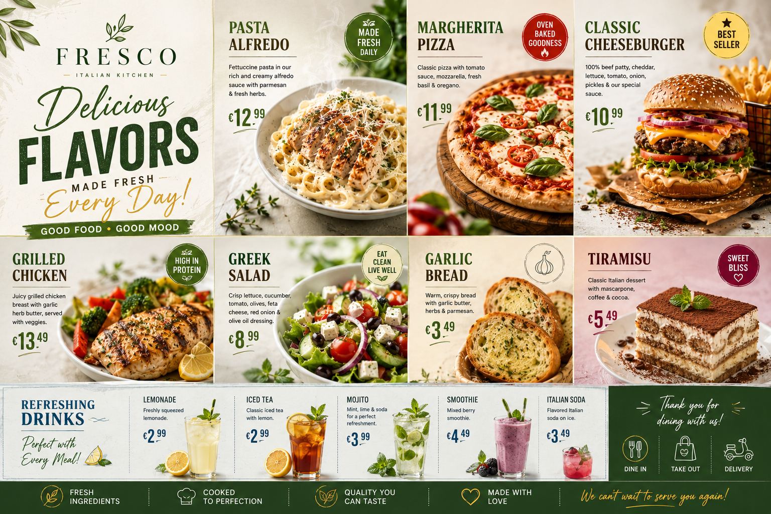 Italian kitchen menu board in a fresh light style