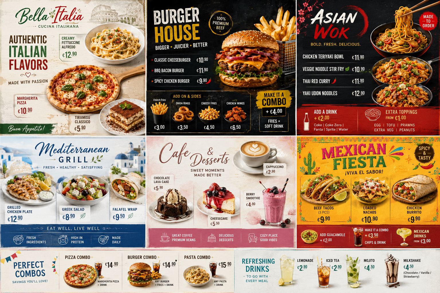 Six restaurant menu styles - Italian, burger, Asian, Mediterranean, cafe, Mexican