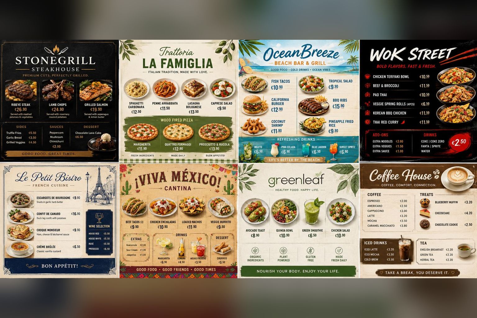 Eight menu styles - steakhouse, trattoria, beach bar, wok, bistro, cantina, healthy, coffee