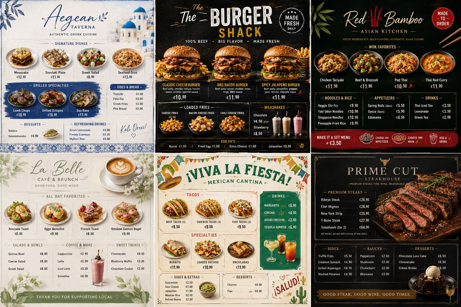 Six menu styles - Greek taverna, burger shack, Asian kitchen, brunch cafe, Mexican, steakhouse