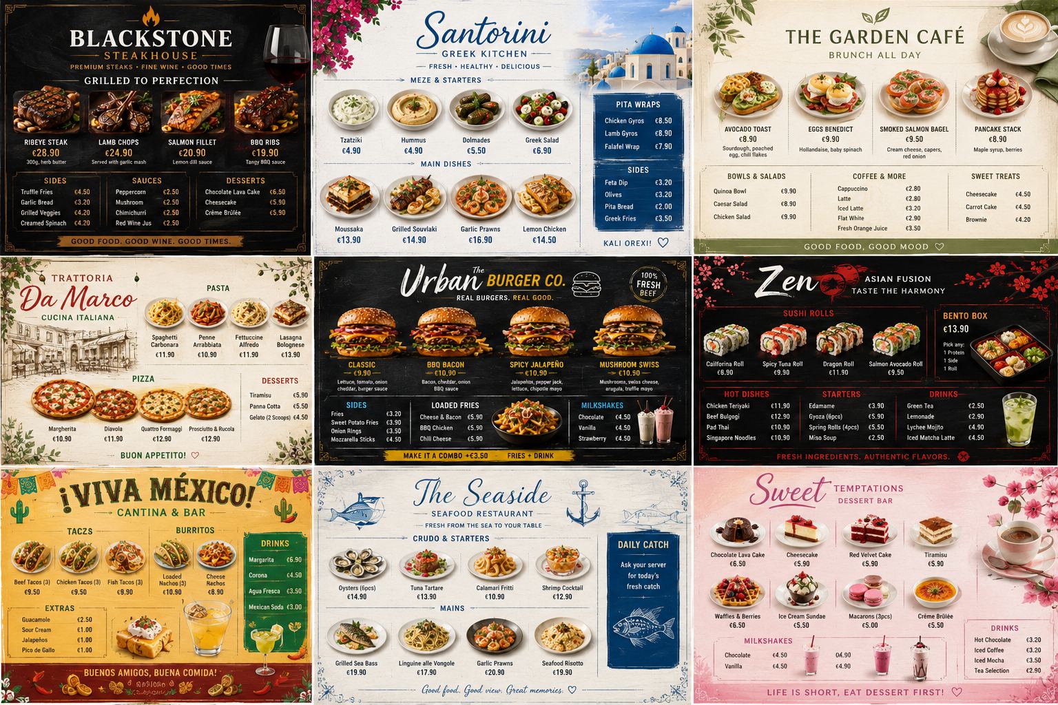 Nine menu styles - steakhouse, Greek, garden cafe, Italian, burgers, sushi, seafood, desserts