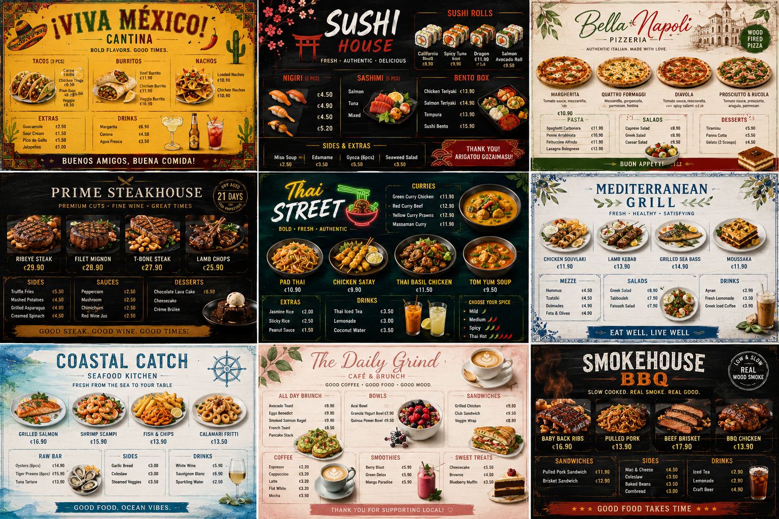 Nine menu styles - cantina, sushi house, pizzeria, steakhouse, Thai street, Mediterranean grill