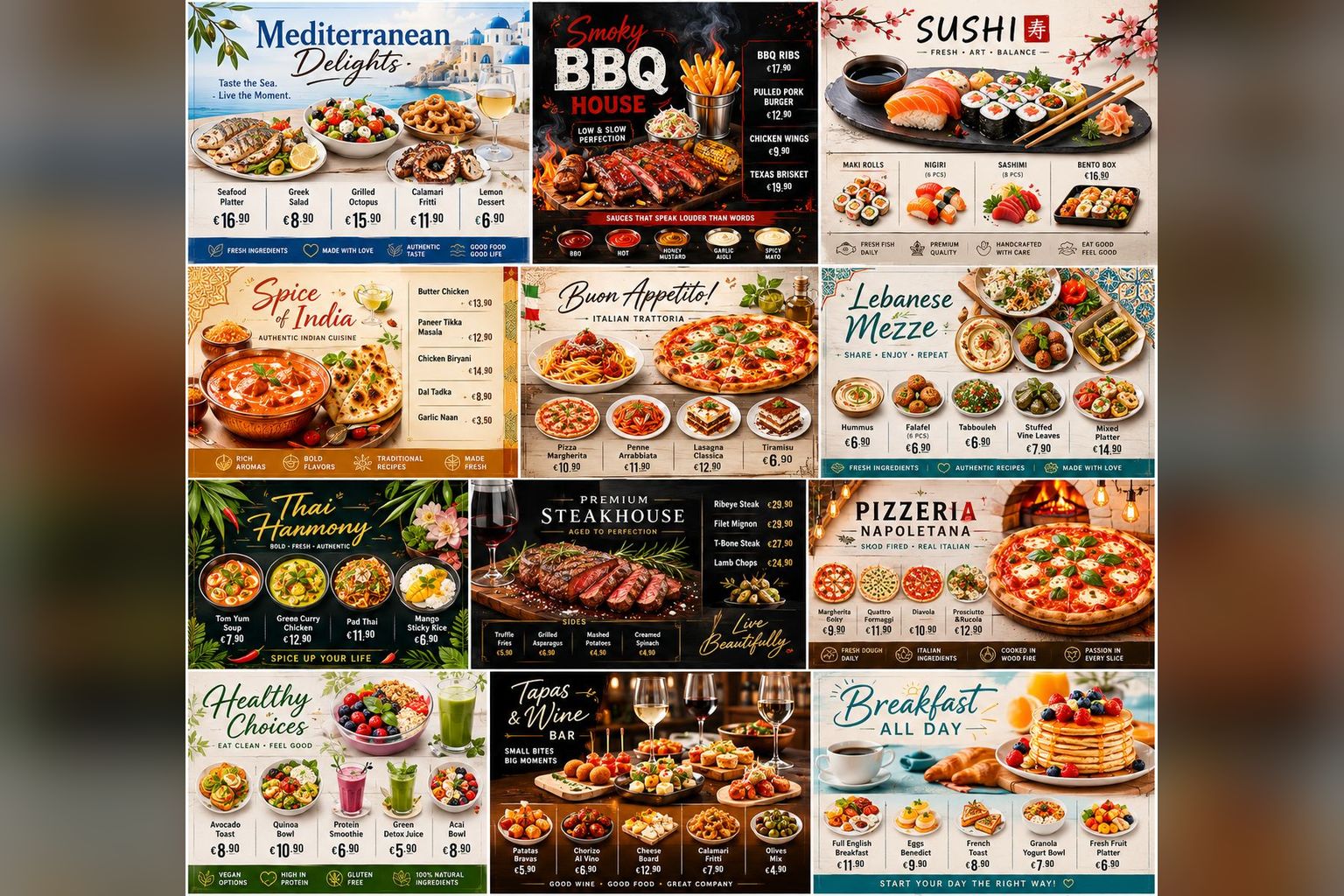 Twelve menu styles - Mediterranean, BBQ, sushi, Indian, Lebanese, Thai, pizzeria, tapas