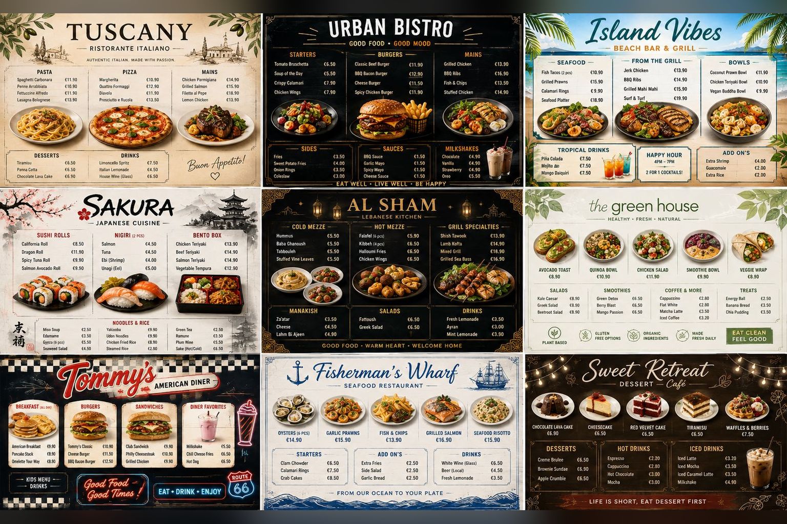 Nine menu styles - Tuscany, urban bistro, island beach bar, Japanese, Lebanese, diner, seafood