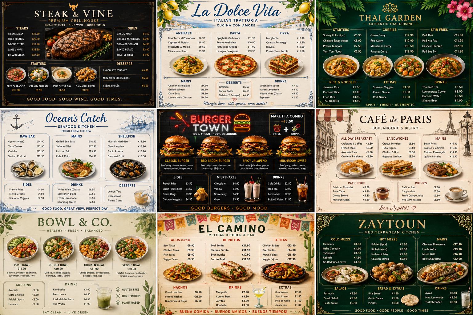 Nine menu styles - grillhouse, trattoria, Thai garden, seafood, burger town, Paris cafe