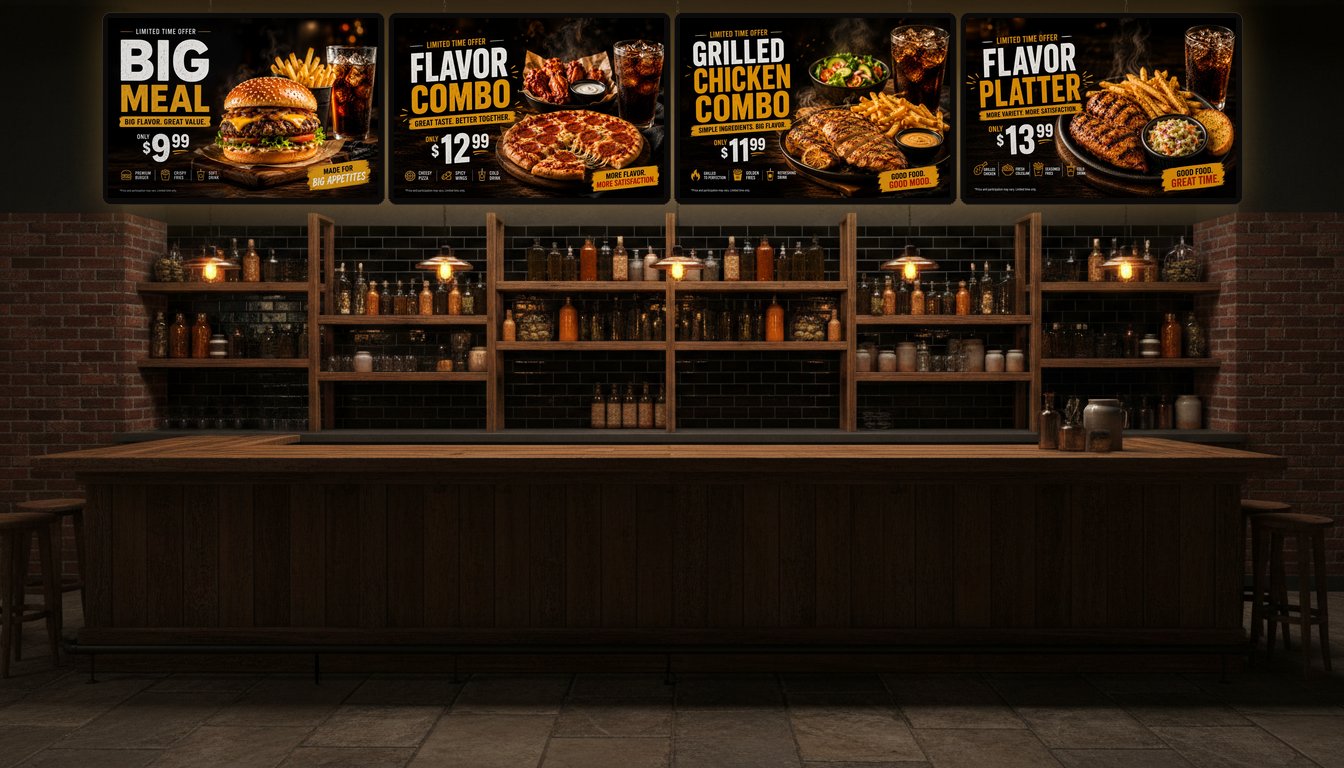 Four promo boards glowing above a rustic restaurant bar